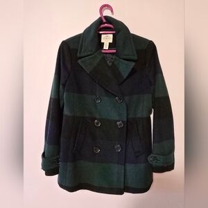 Wool Blend Double-Breasted Peacoat - Black and Dark Green